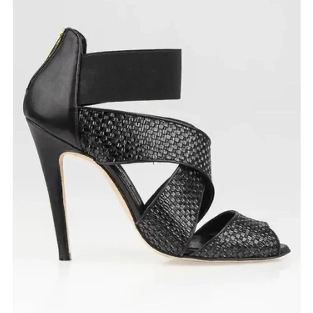 MANOLO BLAHNIK Black Patent Leather Woven Terreo High Heel Sandals $995 EU 39 - Picture 1 of 12